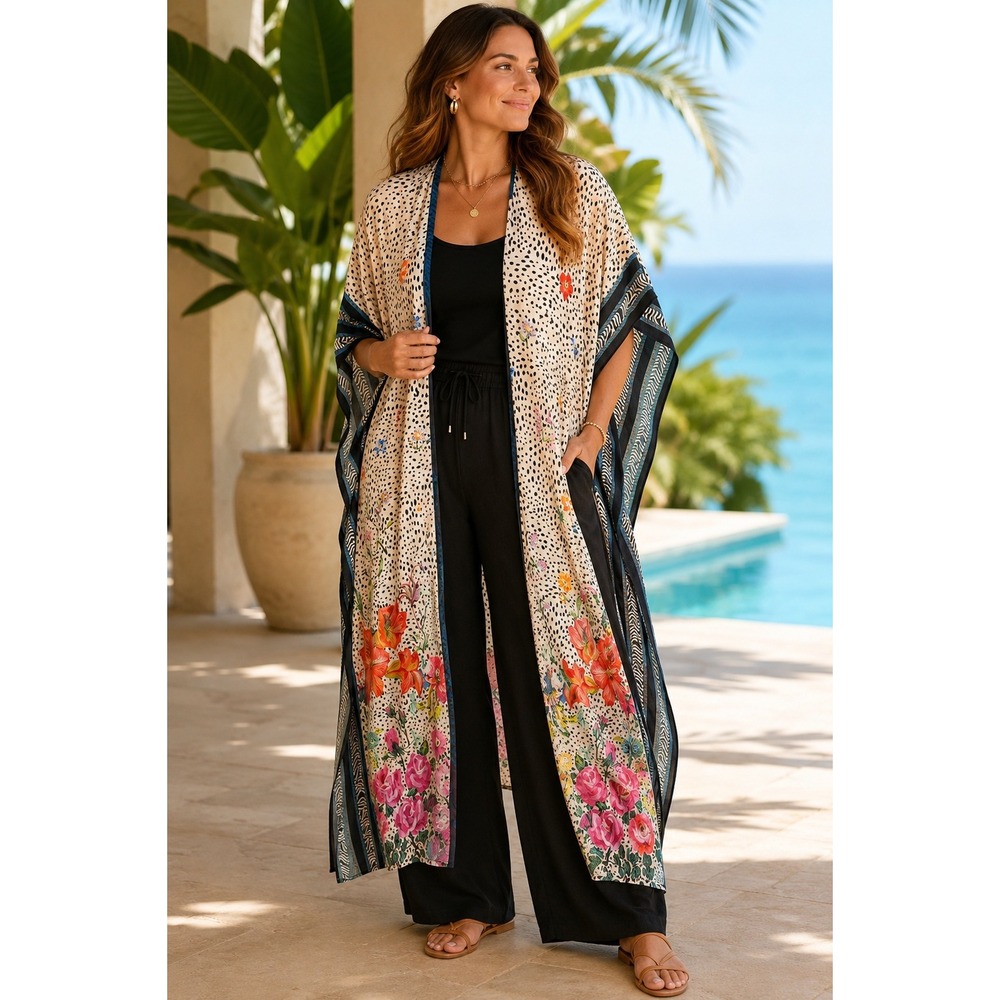 Maeve Anthropologie Floral Cheetah Print Kimono Duster Maxi One Size Multi Color